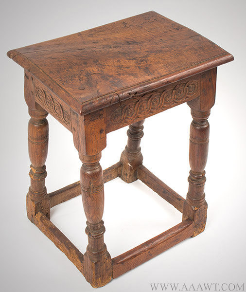 Joint Stool, William and Mary, Molded Top, Carved Rails, Block and Turned Legs
England, 17th Century, angle view